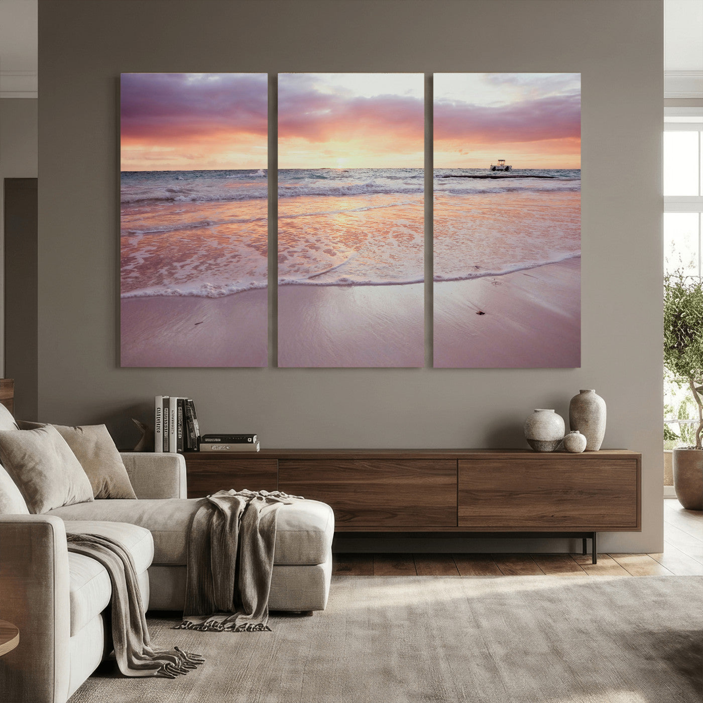 44765395-MGV-CV-36X24 - Beach Sunset Canvas Wall Art Print - Ocean Waves Landscape, Coastal Photography, Seascape Wall Decor, Ready to Hang