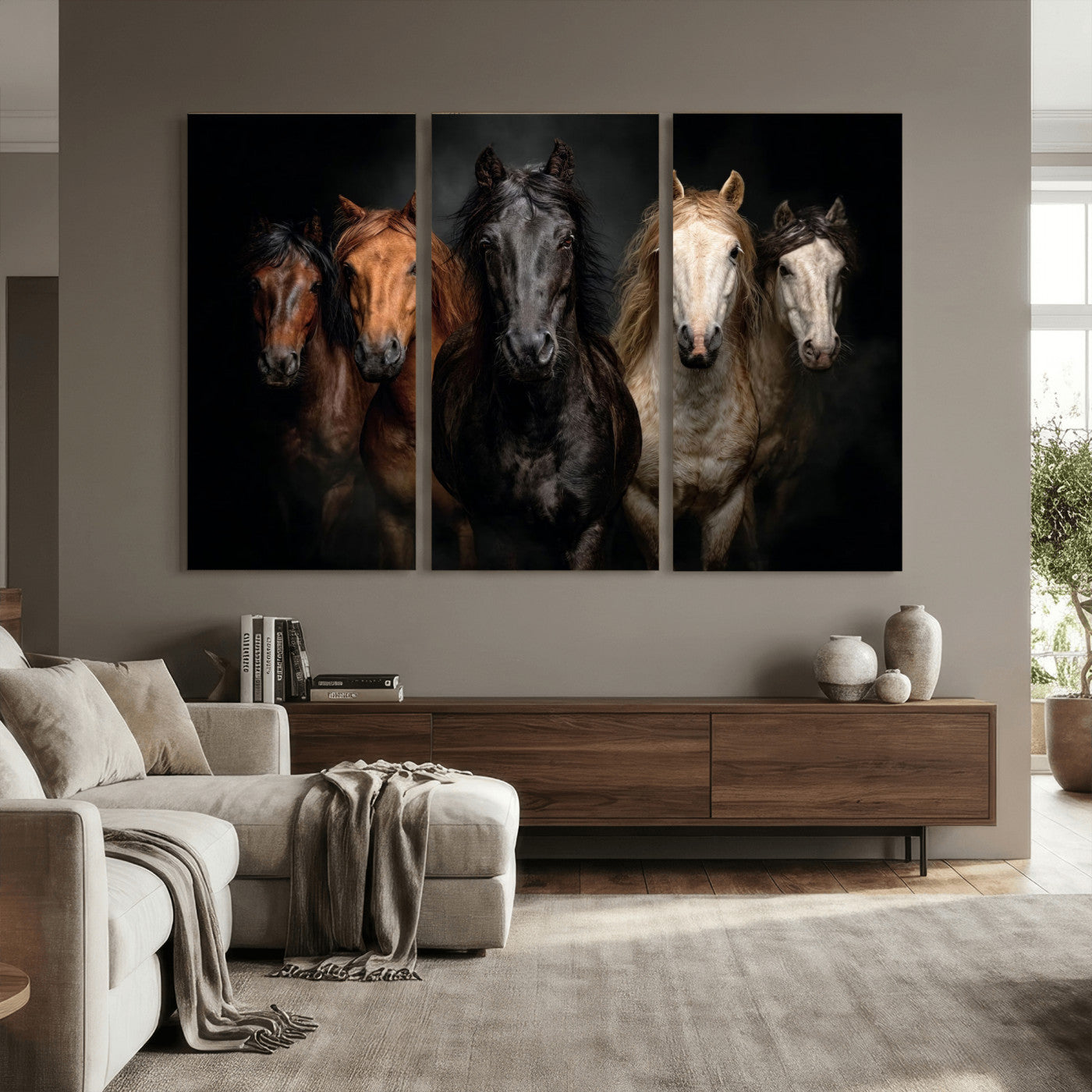 77696206-MGV-CV-36X24 - Horse Wall Art Canvas Print, Wild Horses Portrait Photography, Animal Horse Decor, Black Brown White Horse Herd, Rustic Ranch Art