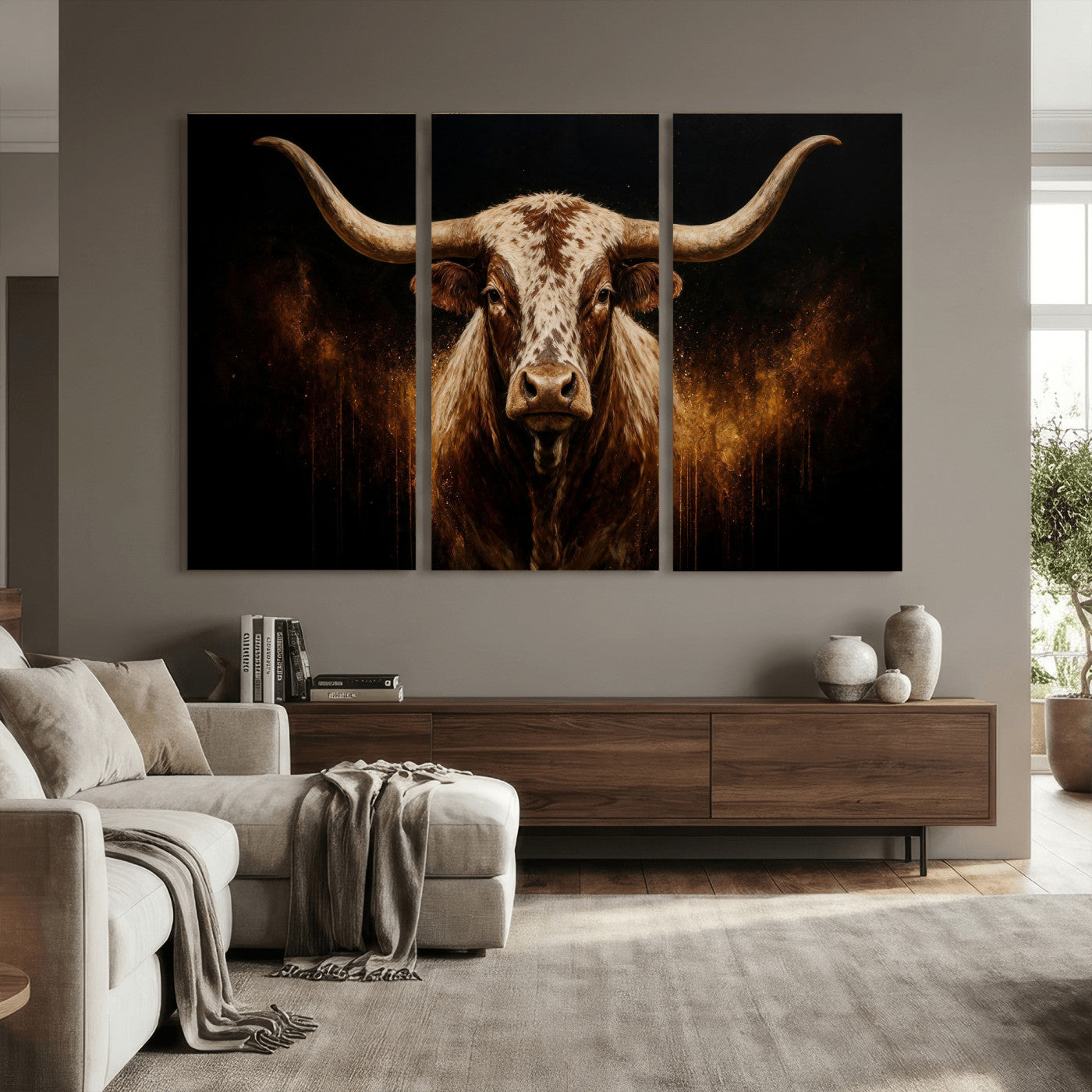 62076449-MGV-CV-48X32-3P - Texas Bull Cow Longhorn Canvas Wall Art Moody Western Bull Oil Painting Print