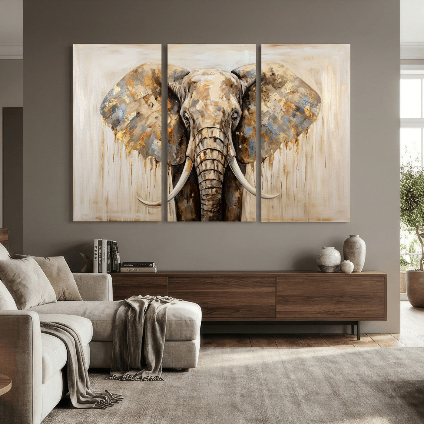 95819221-MGV-CV-36X24 - Gold Leaf Elephant Canvas Wall Art Abstract African Wildlife Painting Print