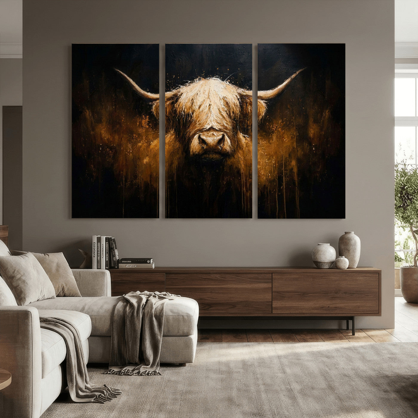 79873059-MGV-CV-36X24 - Rustic Highland Cow Canvas Print Dark Farmhouse Cattle Wall Decor