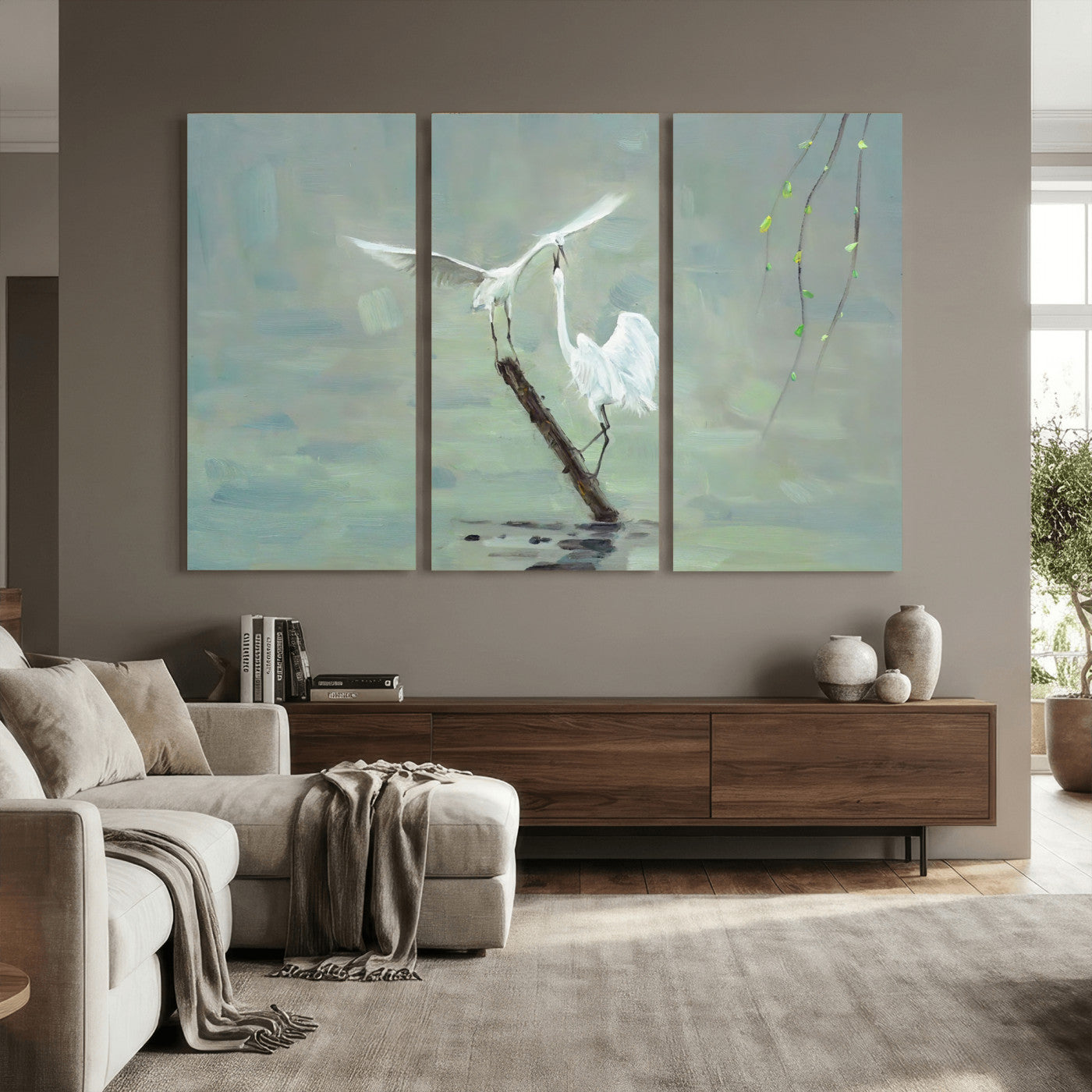 91124838-MGV-CV-36X24 - Two White Egrets on Marsh Branch Wall Art Canvas Print - Vintage Style Coastal Bird Poster