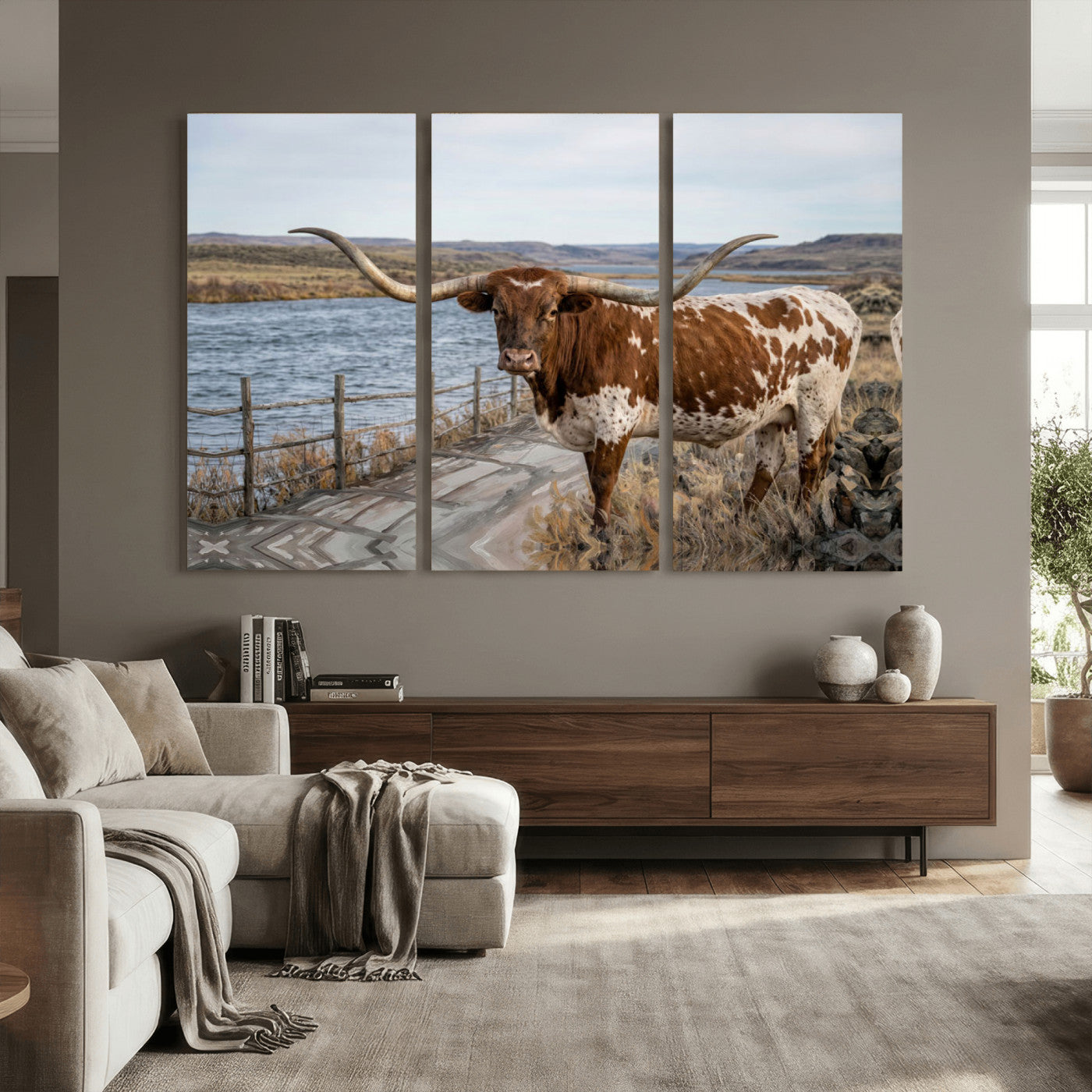 91575949-MGV-CV-36X24 - Texas Longhorn Cattle in Desert Pasture Wall Art Canvas Print - Rustic Western Decor