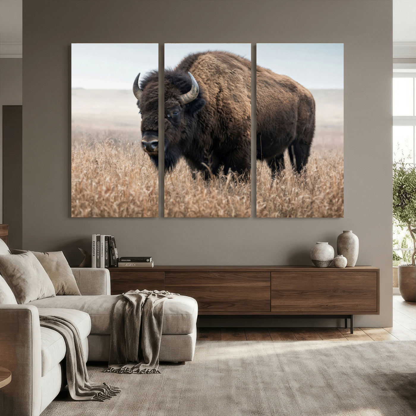 81029583-MGV-CV-36X24 - American Bison in Prairie Field Wall Art Canvas Print - Rustic Wildlife Photography