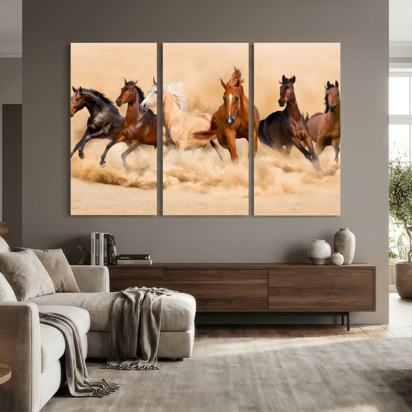 90610949-MGV-CV-36X24 - Herd of Six Wild Horses Galloping in Dust Storm Wall Art Canvas Print - Majestic Wildlife Decor