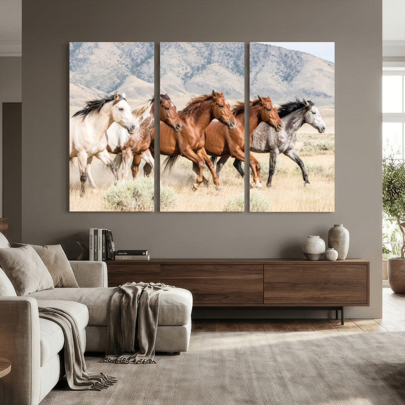 68345893-MGV-CV-36X24 - Five Mustangs Running Wild in Mountain Valley Wall Art Canvas Print - Rustic Western Decor