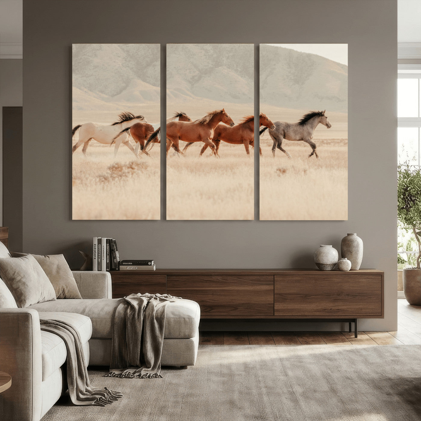 43348446-MGV-CV-36X24 - Herd of Wild Horses Running in Desert Mountain Wall Art Canvas Print - Boho Western Landscape