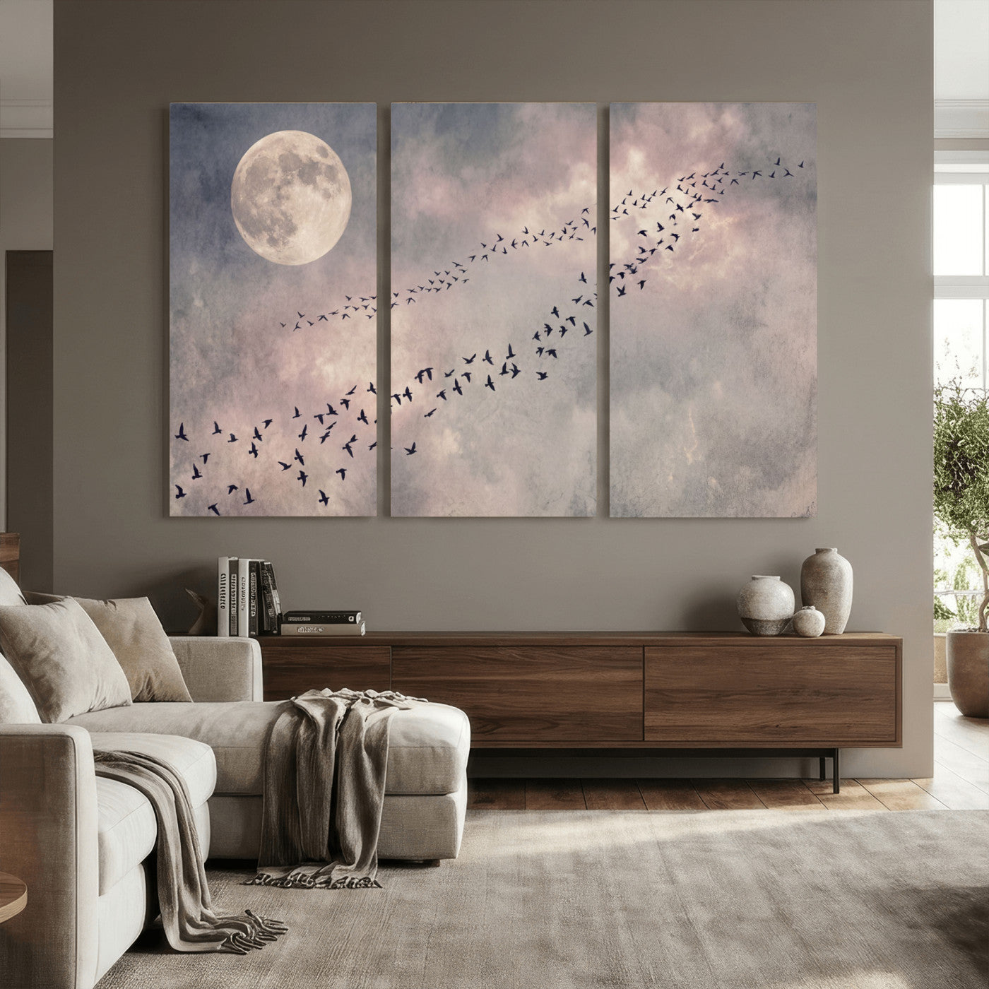 52339590-MGV-CV-36X24 - Birds Flying to Moon Wall Art Canvas Print - Vintage Surreal Night Sky Sky Print