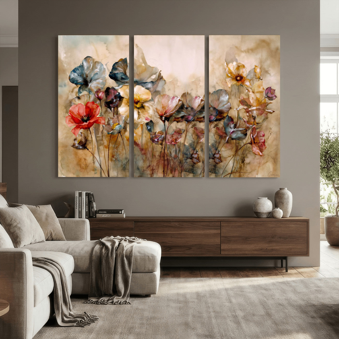 11407233-MGV-CV-36X24 - Vintage Dried Floral Meadow Wall Art Canvas Print, Translucent Watercolor Flowers Painting Print