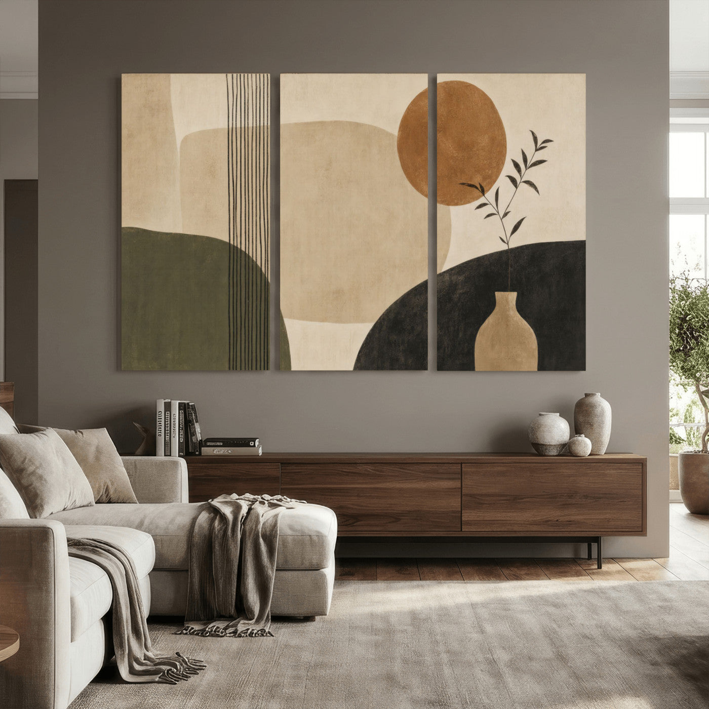 29113684-MGV-CV-36X24 - Japandi Minimalist Abstract Wall Art Canvas Print, Sage Green and Terracotta Sun Botanical Painting Print
