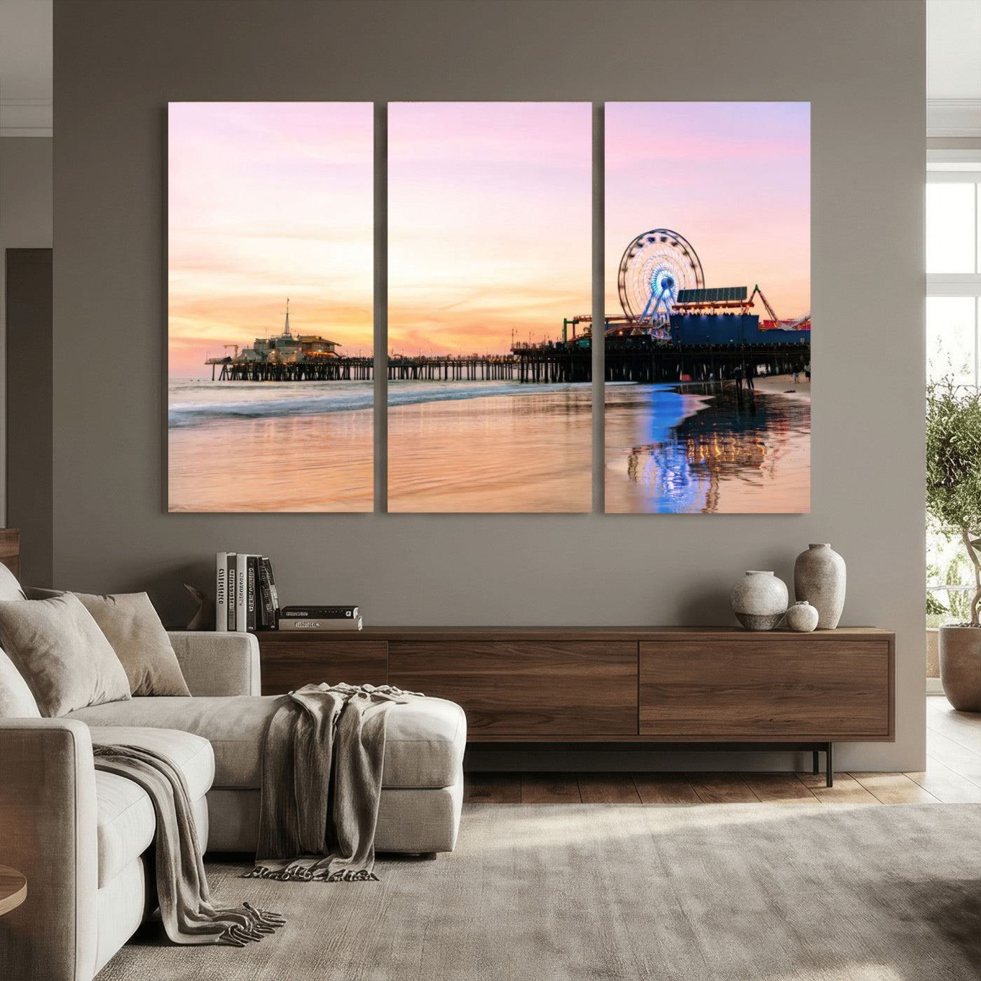 27381272-MGV-CV-36X24 - Santa Monica Pier Sunset Beach Wall Art Canvas Print, California Ferris Wheel Photo Print