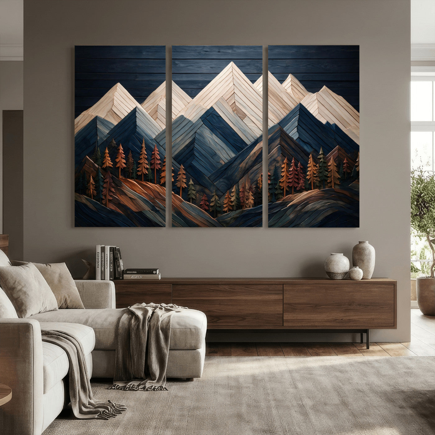 87765072-MGV-CV-36X24 - Geometric Wood Mountain Wall Art Canvas Print, 3D Look Rustic Mosaic Landscape Print