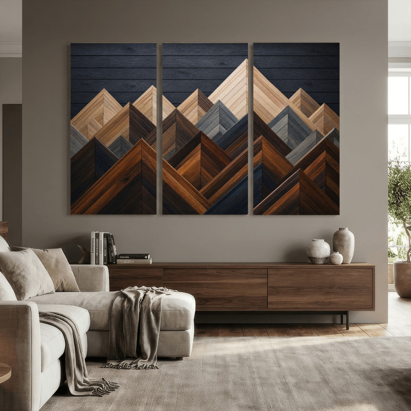 70531117-MGV-CV-36X24 - Geometric Wood Mountain Wall Art Canvas Print, 3D Look Rustic Mosaic Landscape Print