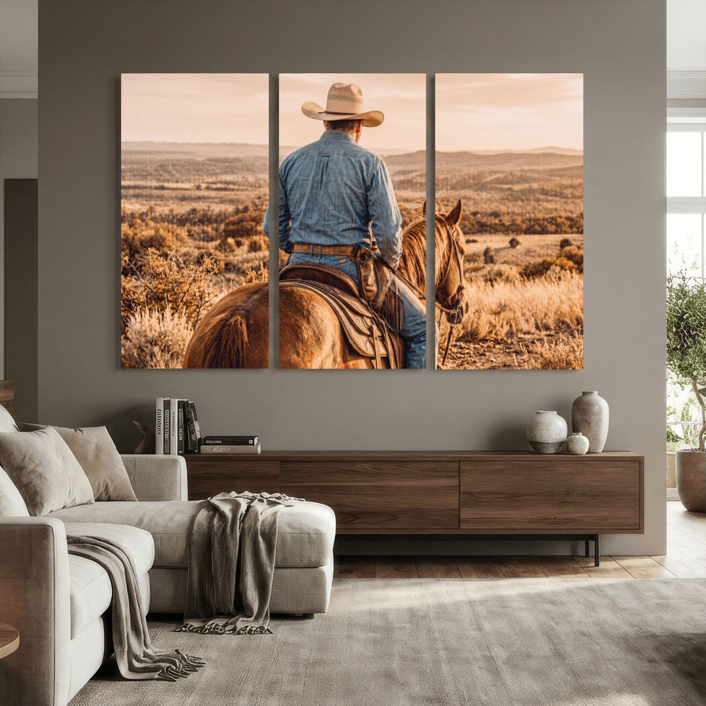 62076449-MGV-CV-36X24 - Texas Cowboy and Horse Print for Western Wall Art Decor for Farmhouse