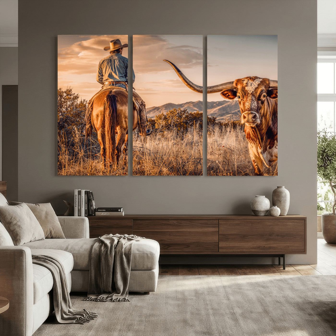62076449C-MGV-CV-36X24 - Texas Cowboy and Longhorn Bull Print for Western Wall Art Decor for Farmhouse