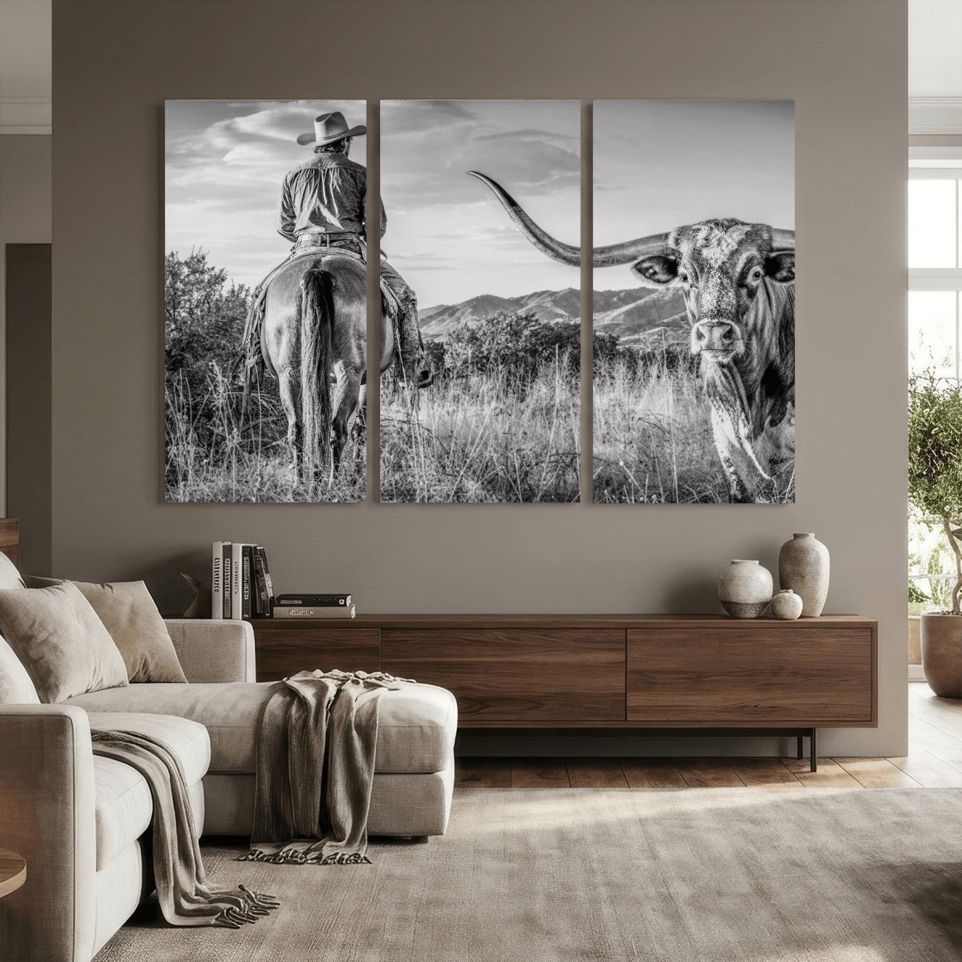 62076449WB-MGV-CV-36X24 - Texas Cowboy and Longhorn Bull Print for Western Wall Art Decor for Farmhouse