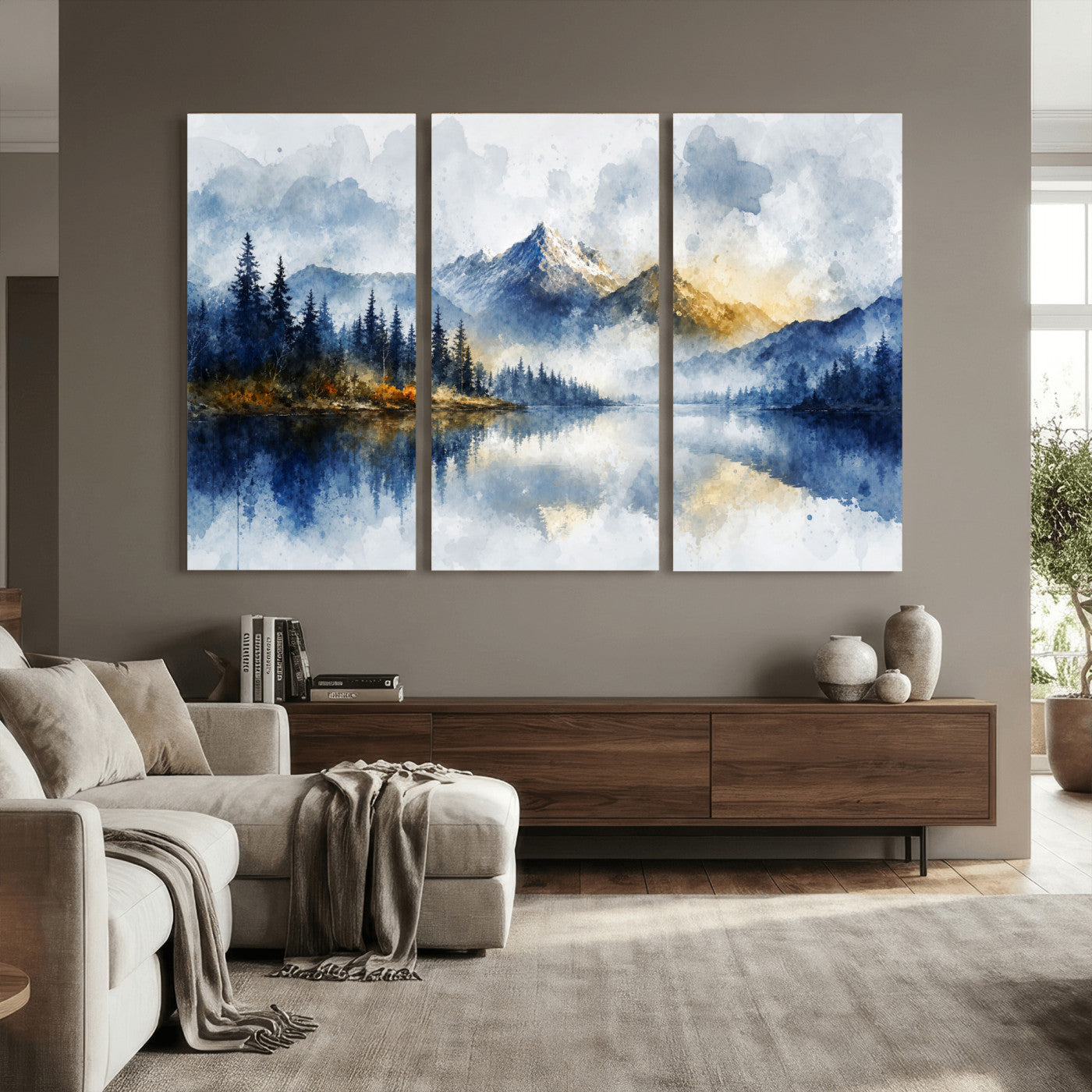 62076449DG-MGV-CV-36X24 - Abstract Watercolor Mountain Lake Wall Art Print for Living Room Decor