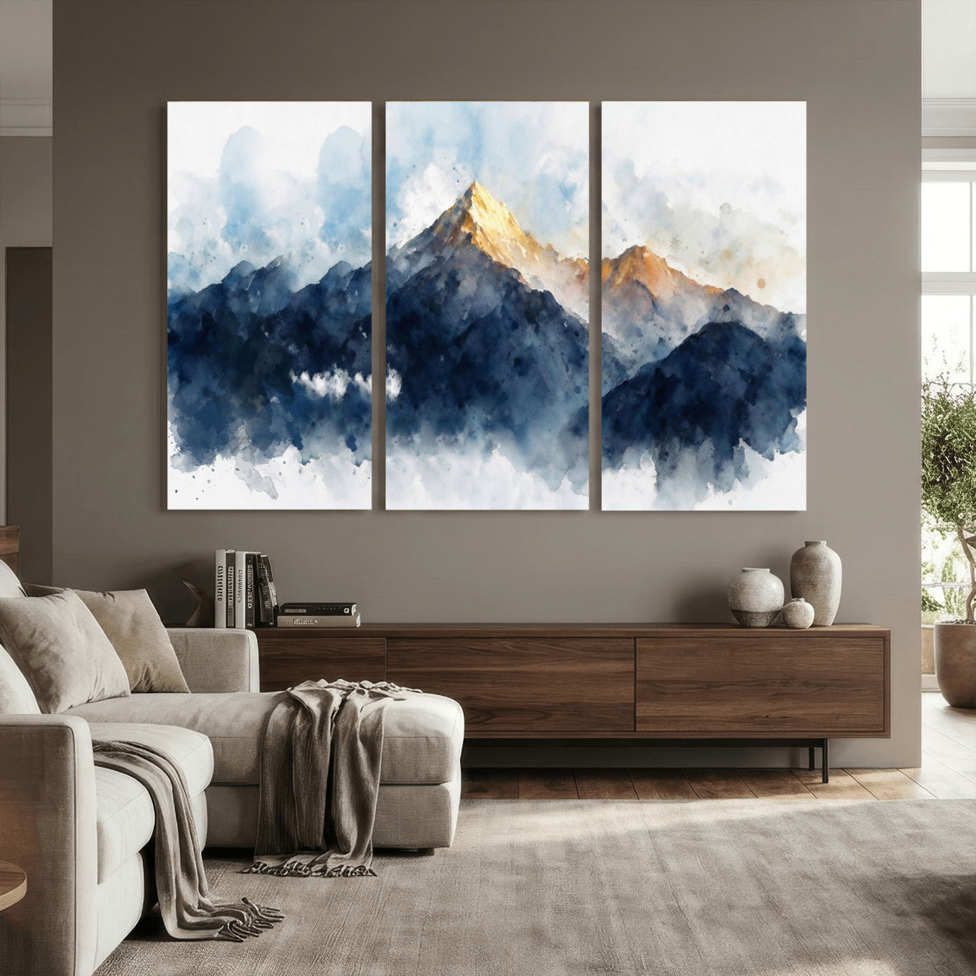 62076449DG1-MGV-CV-36X24 - Abstract Watercolor Mountain Lake Wall Art Print for Living Room Decor