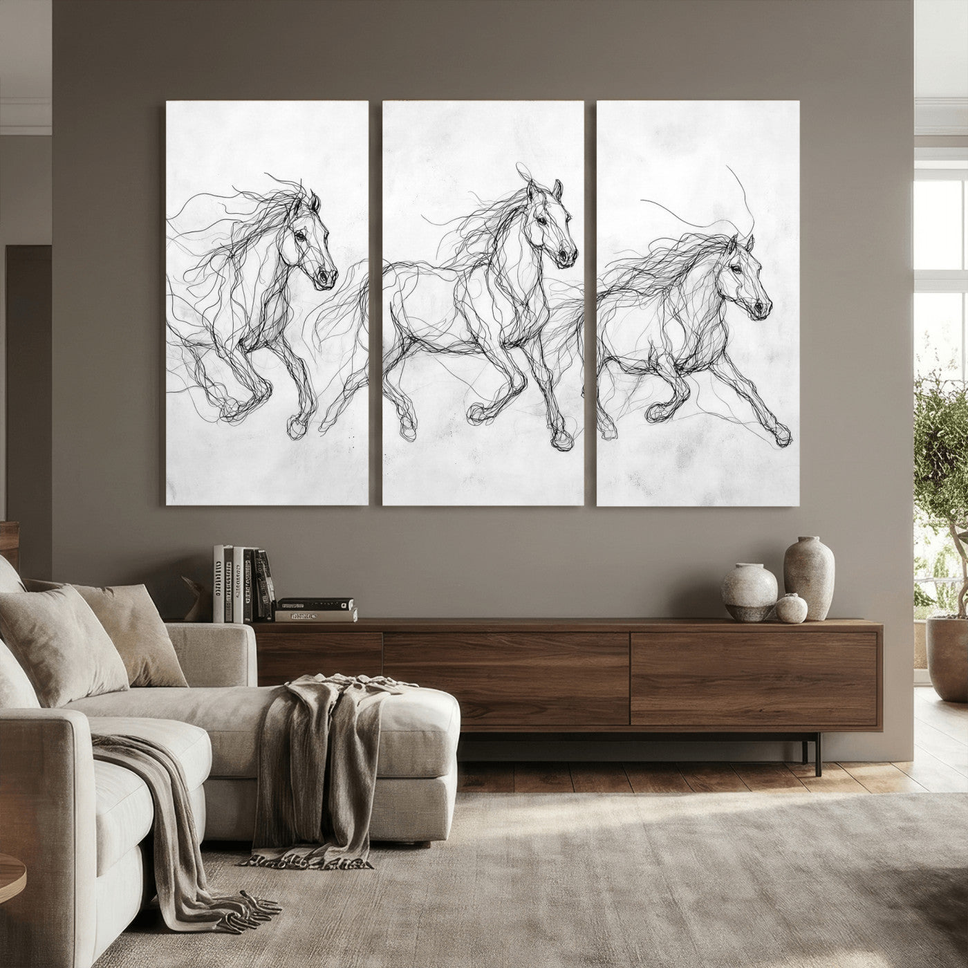 53600119-MGV-CV-36X24 - Monochrome Horse Canvas Wall Art, Black Ink Sketch Wild Horses Print, Minimalist Equestrian Artwork, Modern Abstract Line Decor, Urban Loft Gift