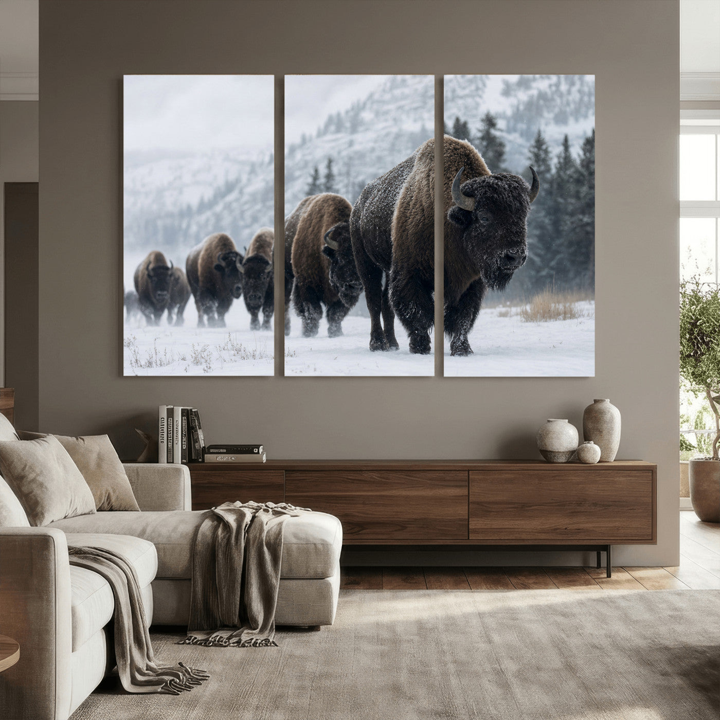 18343289-MGV-CV-36X24 - Rustic Bison Wall Art, American Buffalo Photo Print, Wildlife Canvas Artwork, Snowy Mountain Decor, Large Nature Poster, Cabin Gift Idea