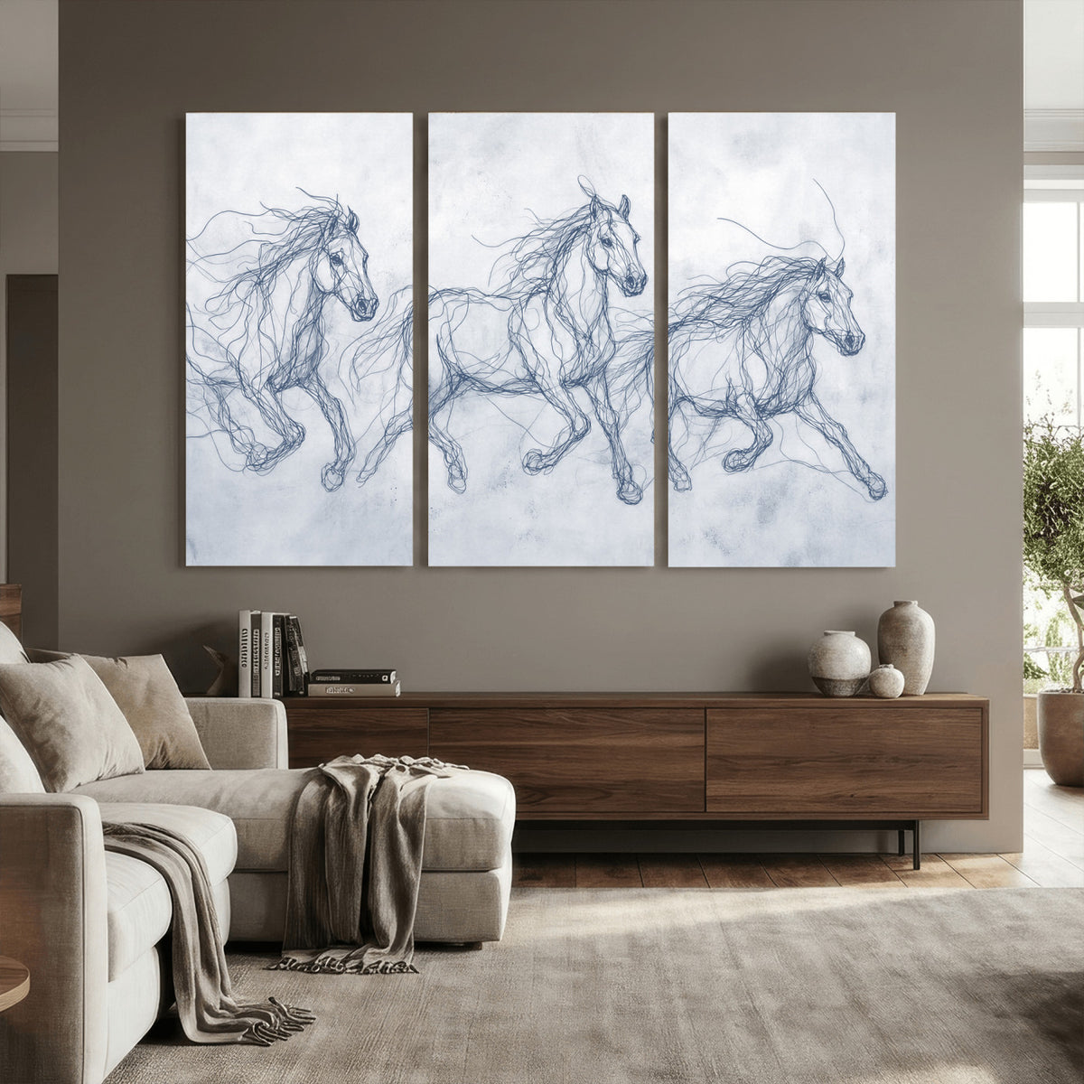 41163601-MGV-CV-36X24 - Indigo Blue Horse Line Art Canvas, Steel Grey Wild Horses Print, Abstract Navy Scribble Artwork, Modern Slate Equine Wall Decor, Coastal Ranch Gift
