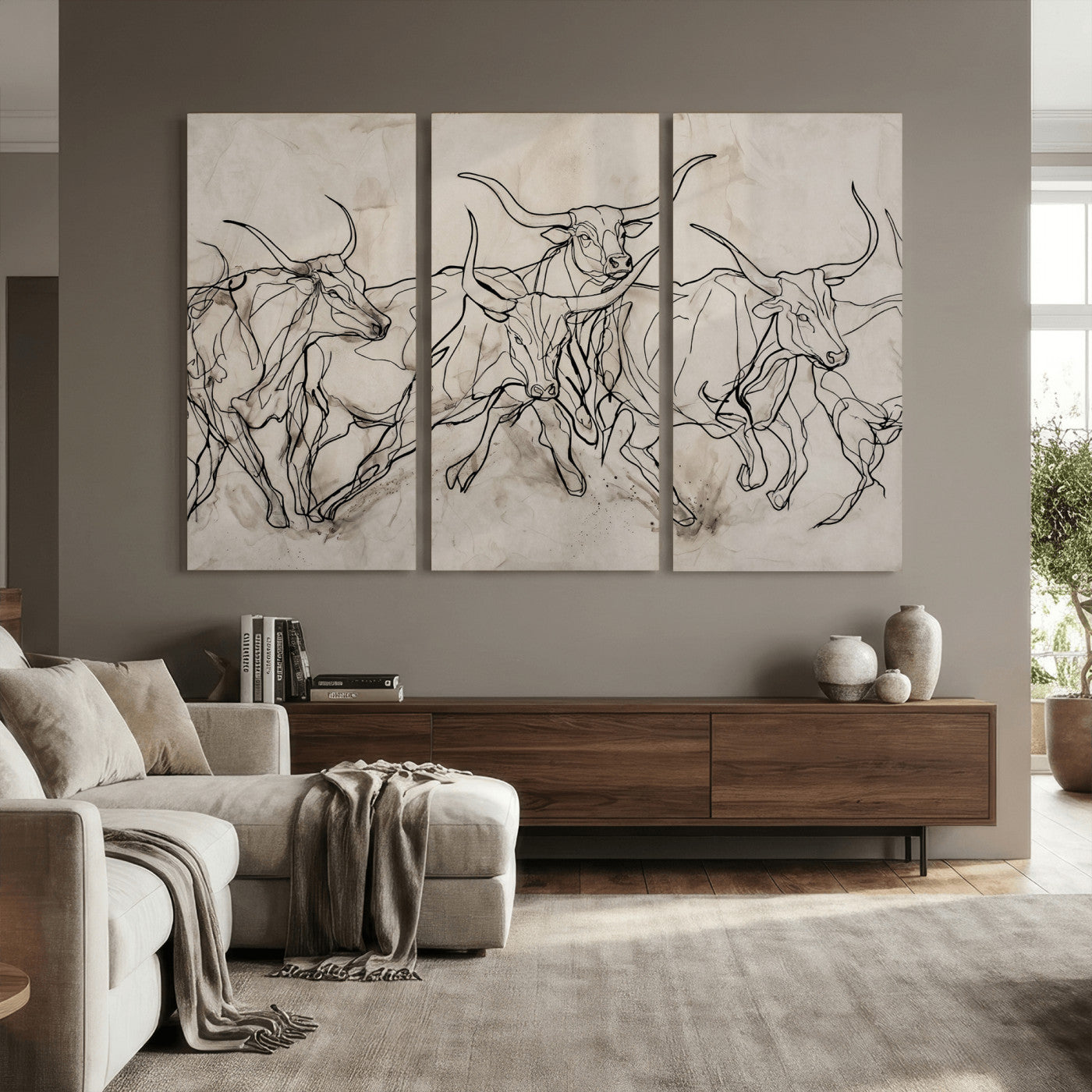 16671245-MGV-CV-36X24 - Minimalist Longhorn Line Art, Modern Texas Bull Canvas Print, Abstract Western Wall Decor, Continuous Line Artwork, Black White Ranch Gift