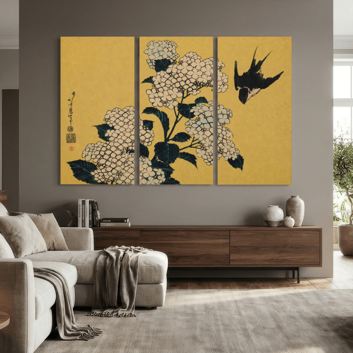 92483501-MGV-CV-36X24 - Katsushika Hokusai Hydrangea and Swallow Wall Art Canvas Print, Japanese Woodblock Painting Print