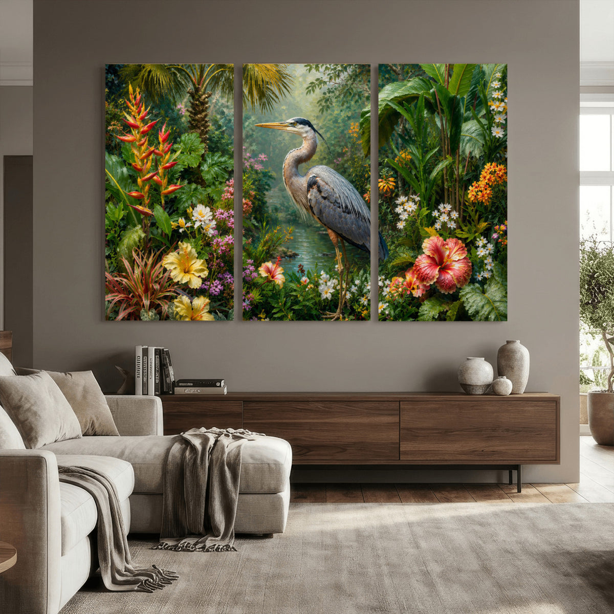 81059387-MGV-CV-36X24 - Great Blue Heron Tropical Jungle Wall Art Canvas Print, Exotic Botanical Garden Painting Print