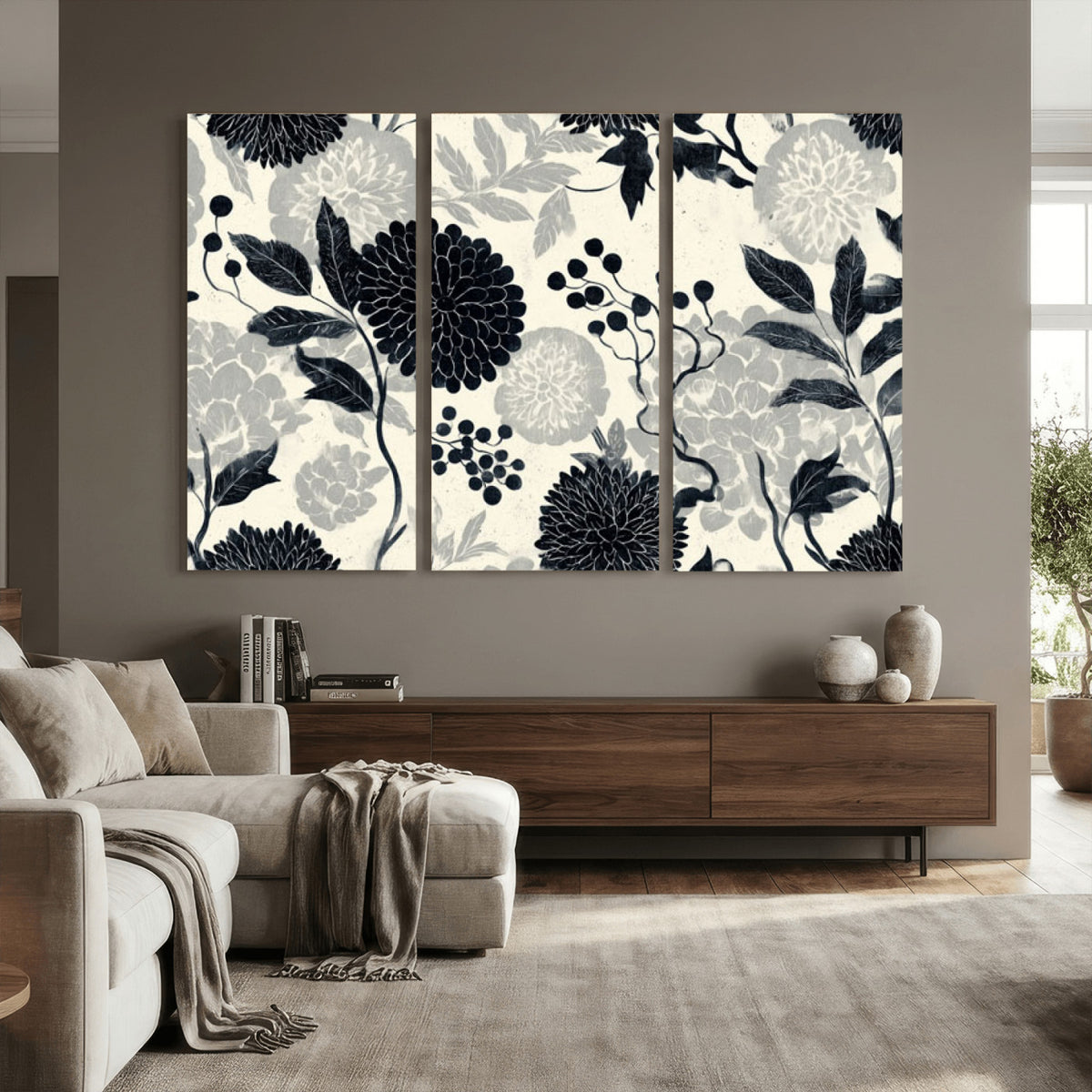 61524791-MGV-CV-36X24 - Vintage Black Chrysanthemum Wall Art Canvas Print, Monochrome Dhalia Floral Painting Print