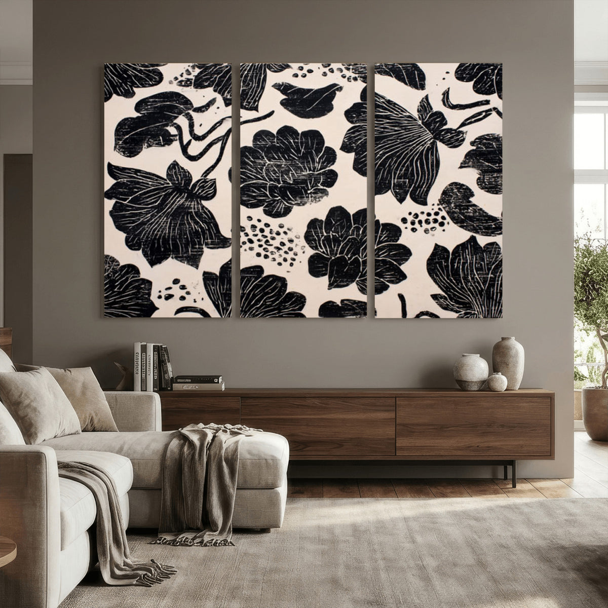 81787117-MGV-CV-36X24 - Linocut Black Lotus Floral Wall Art Canvas Print, Vintage Monochrome Botanical Painting Print