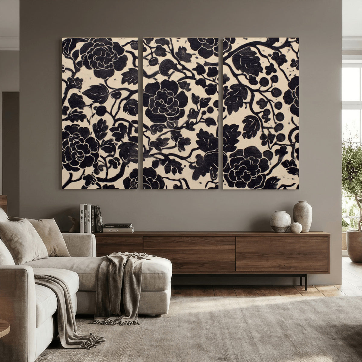 86696255-MGV-CV-36X24 - Vintage Black and Cream Floral Wall Art Canvas Print, Chinoiserie Botanical Painting Print