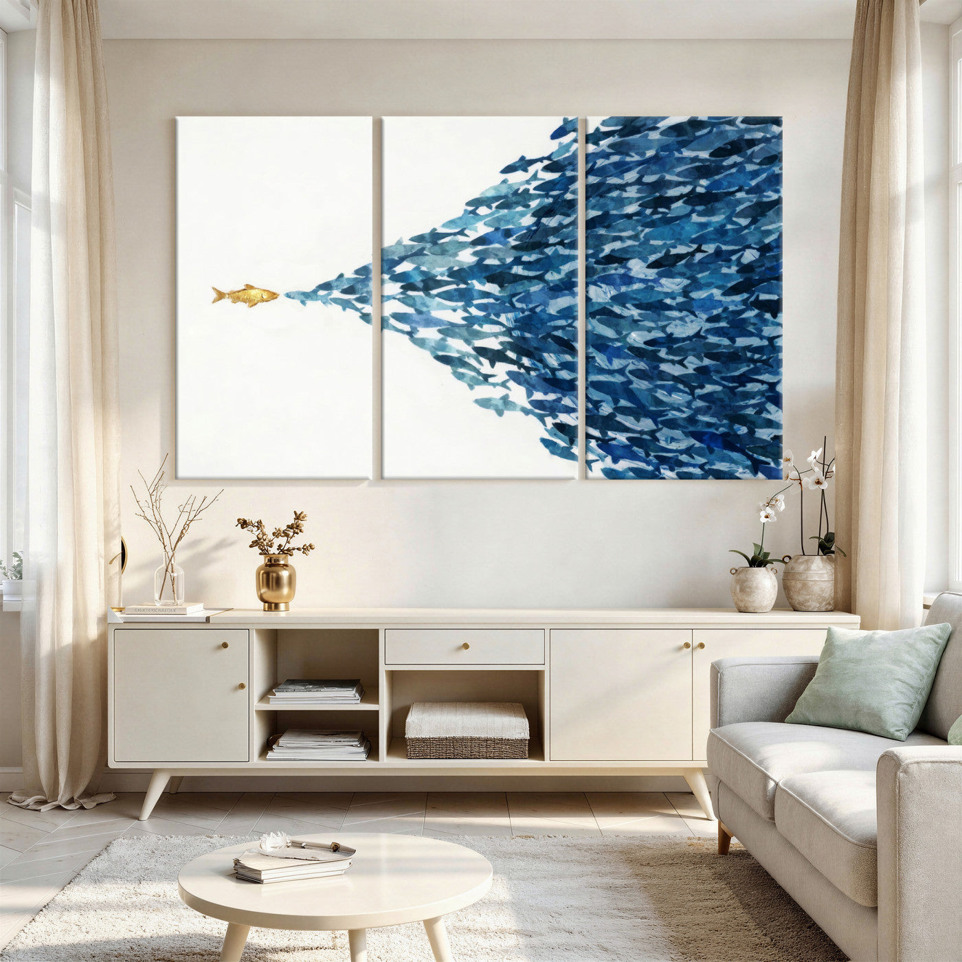 79089639-MGV-CV-36X24 - Abstract Blue Fish School Canvas Wall Art, Gold Foil Accent Marine Print
