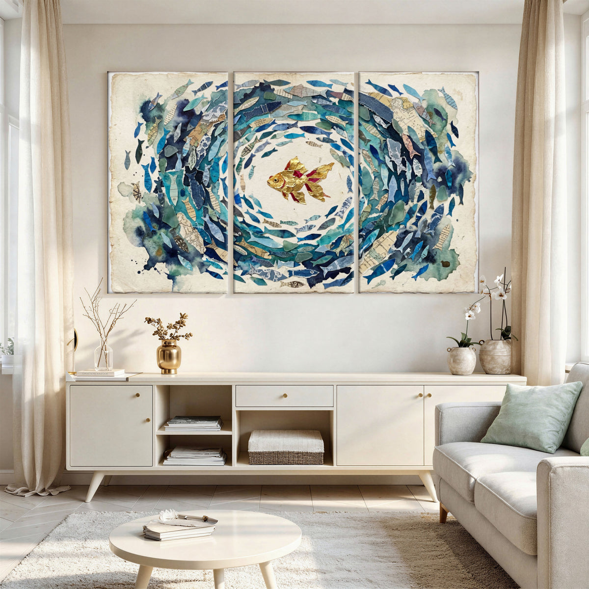 73165663-MGV-CV-36X24 - Mixed Media Blue Fish Swirl Canvas Wall Art, Goldfish Collage Ocean Print