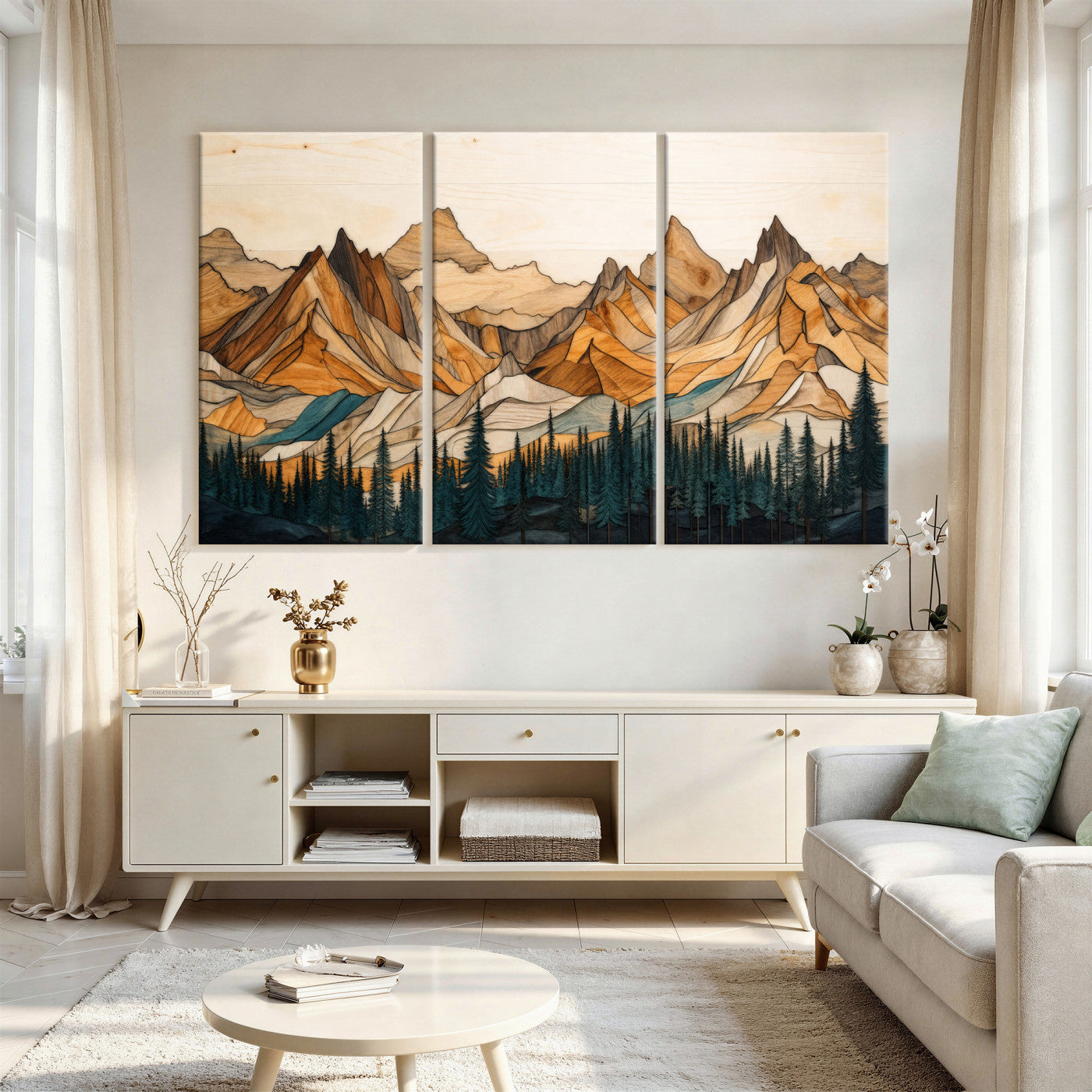 57384313-MGV-CV-48X32-3P - Mountain Landscape Canvas Wall Art with Wood Grain Effect, Golden Peaks and Teal Pine Forest, Framed Cabin Decor