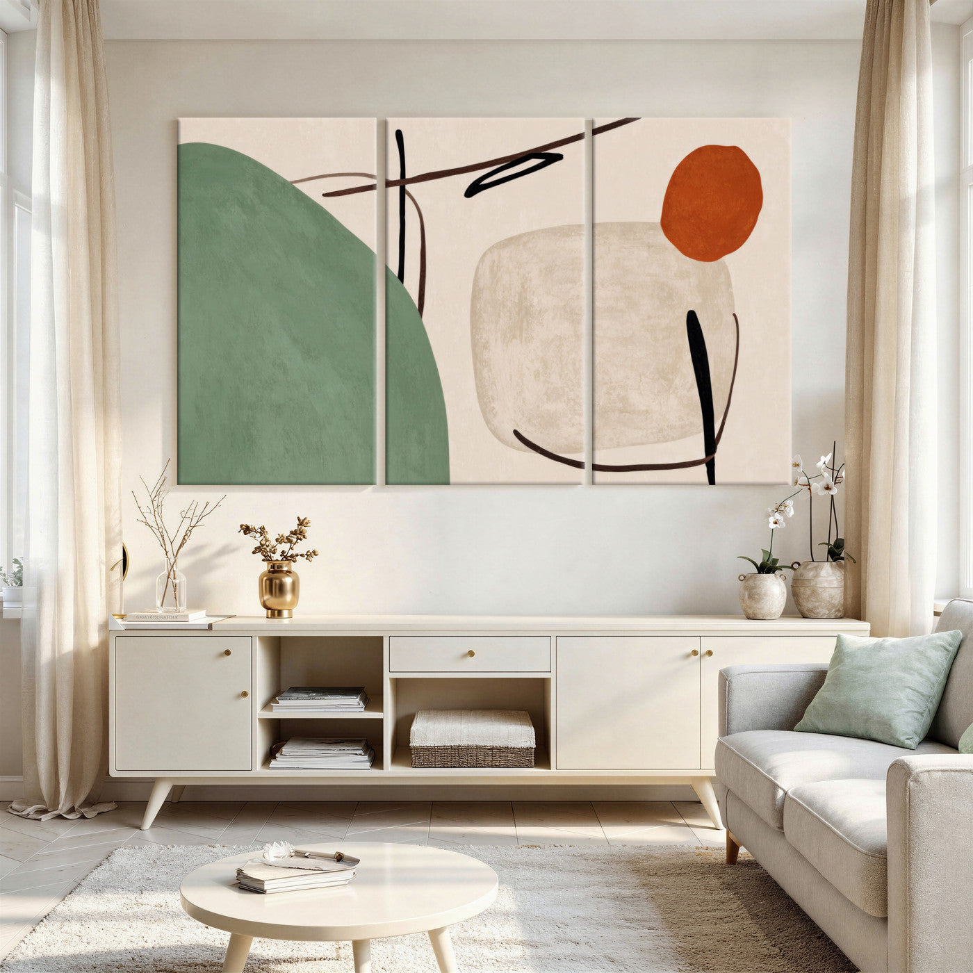 46798824-MGV-CV-48X32-3P - Mid Century Modern Geometric Canvas Wall Art, Abstract Triptych Print