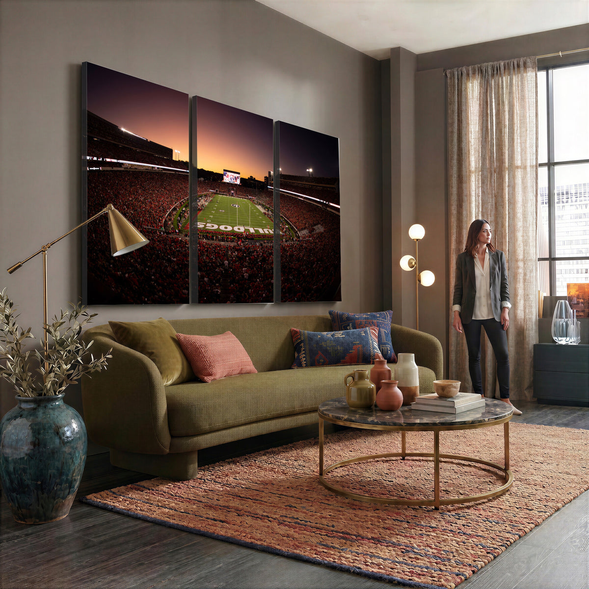 97720998-_Poster-30x20 - Georgia Bulldogs Stadium Sunset Canvas Print 3 Piece Framed Wall Art Extra Large Floating Frame Sports Poster Made in USA