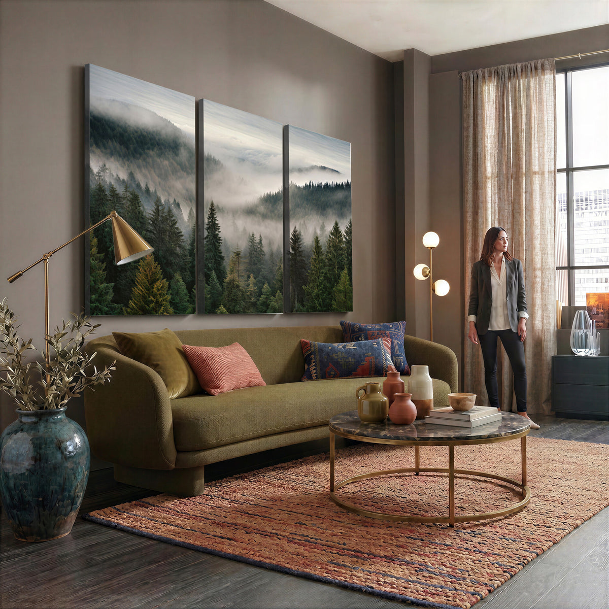 38409495-_Poster-30x20 - Misty Pine Valley Mountain Canvas Print 3 Piece Framed Wall Art Extra Large Floating Frame Nature Poster Made in USA