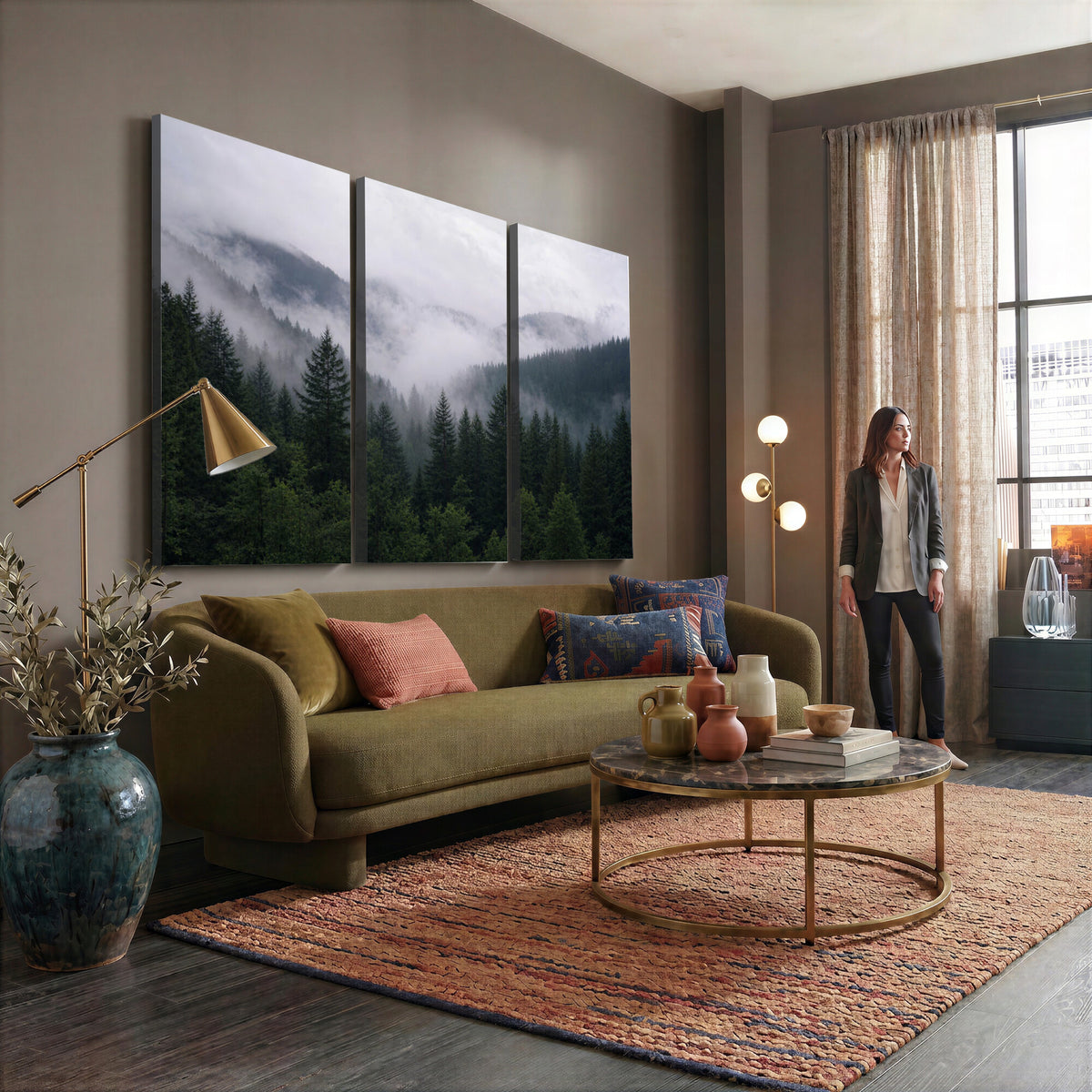 25432119-_Poster-30x20 - Misty Mountain Pine Forest Canvas Print 3 Piece Framed Wall Art Extra Large Floating Frame Nature Poster Made in USA