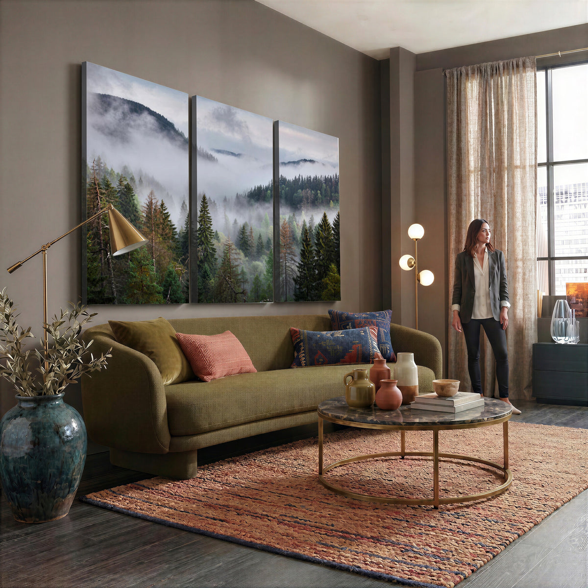 18735847-_Poster-30x20 - Foggy Pine Forest Mountain Canvas Print 3 Piece Framed Wall Art Extra Large Floating Frame Nature Poster Made in USA