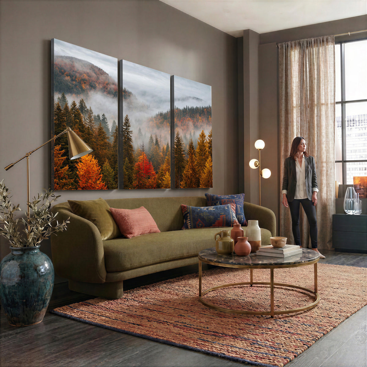 87481341-_Poster-30x20 - Foggy Autumn Mountain Canvas Print Smoky Pine Forest Wall Art Panoramic Nature Poster 3 Piece Made in USA