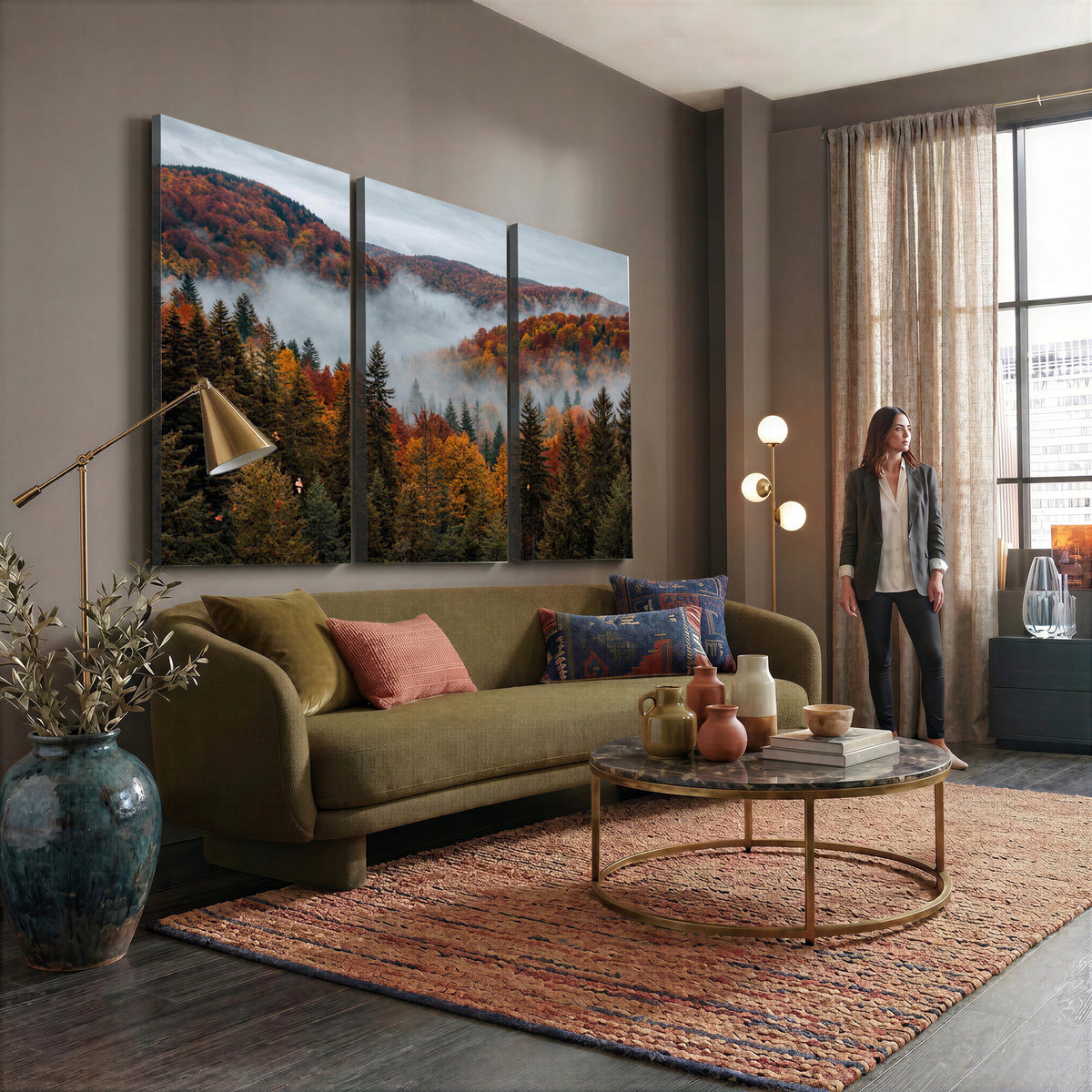 26686263-_Poster-30x20 - Misty Autumn Forest Mountain Canvas Print 3 Panel Wall Art Gallery Wrapped Floating Frame Poster Made in USA