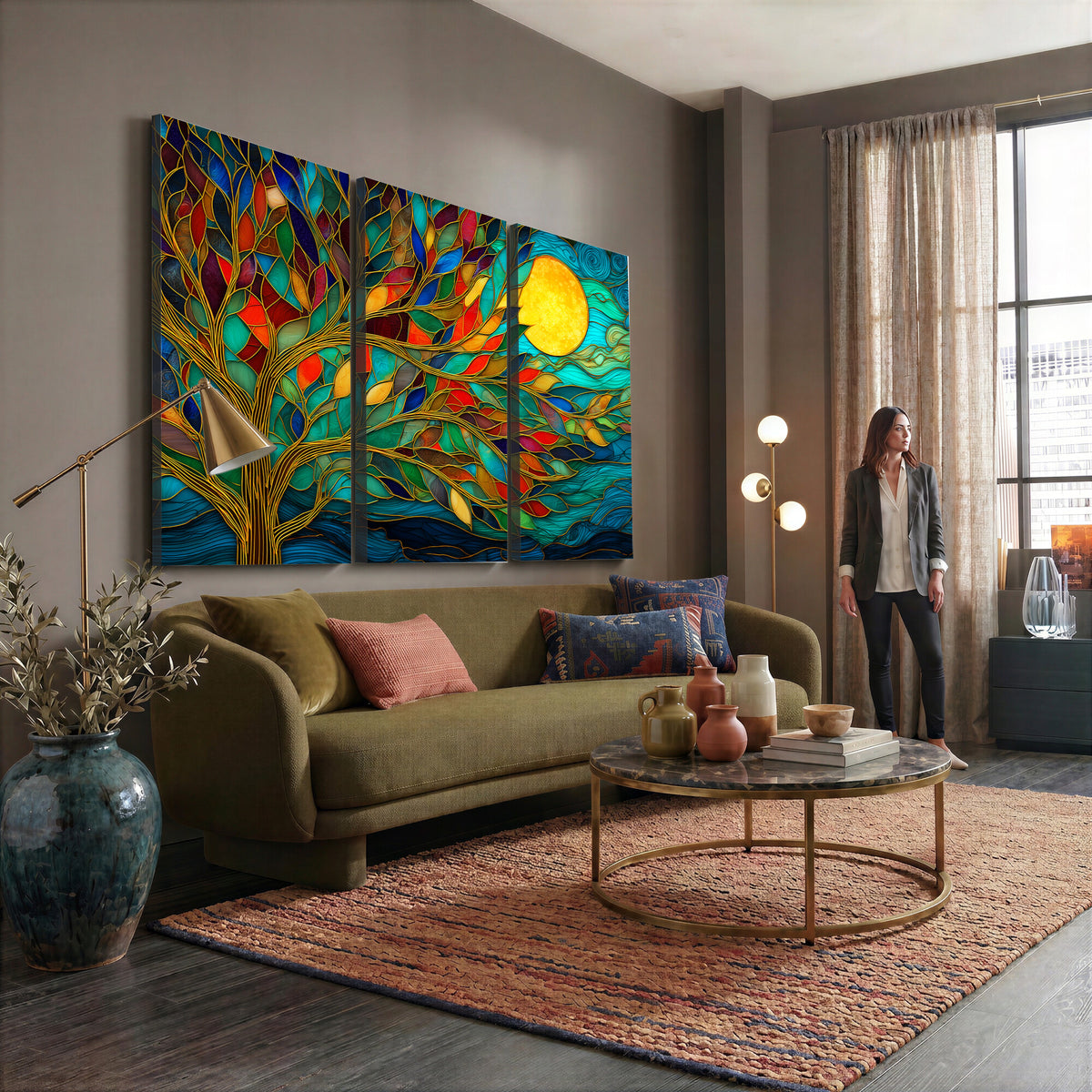 11877152-MGV-CV-36X24 - Stained Glass Tree Of Life Wall Art - Vibrant Mosaic Nature Home Decor