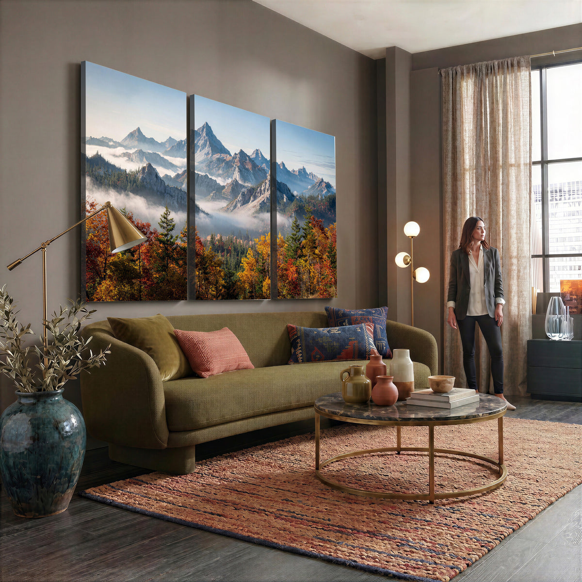 38847944-MGV-TP-30X20 - Majestic Mountain Peak Canvas Wall Art - Panoramic Autumn Forest Fog Landscape Print