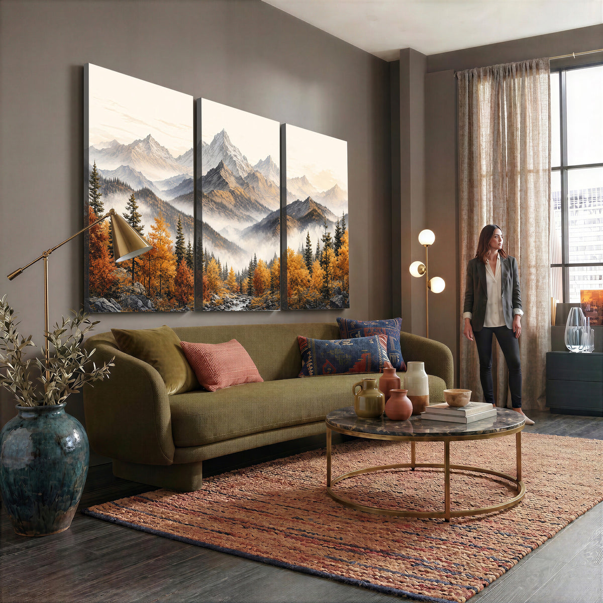 21309099-MGV-TP-30X20 - Extra Large Misty Mountain Autumn Forest Canvas Wall Art - Watercolor Fall Nature Landscape Print