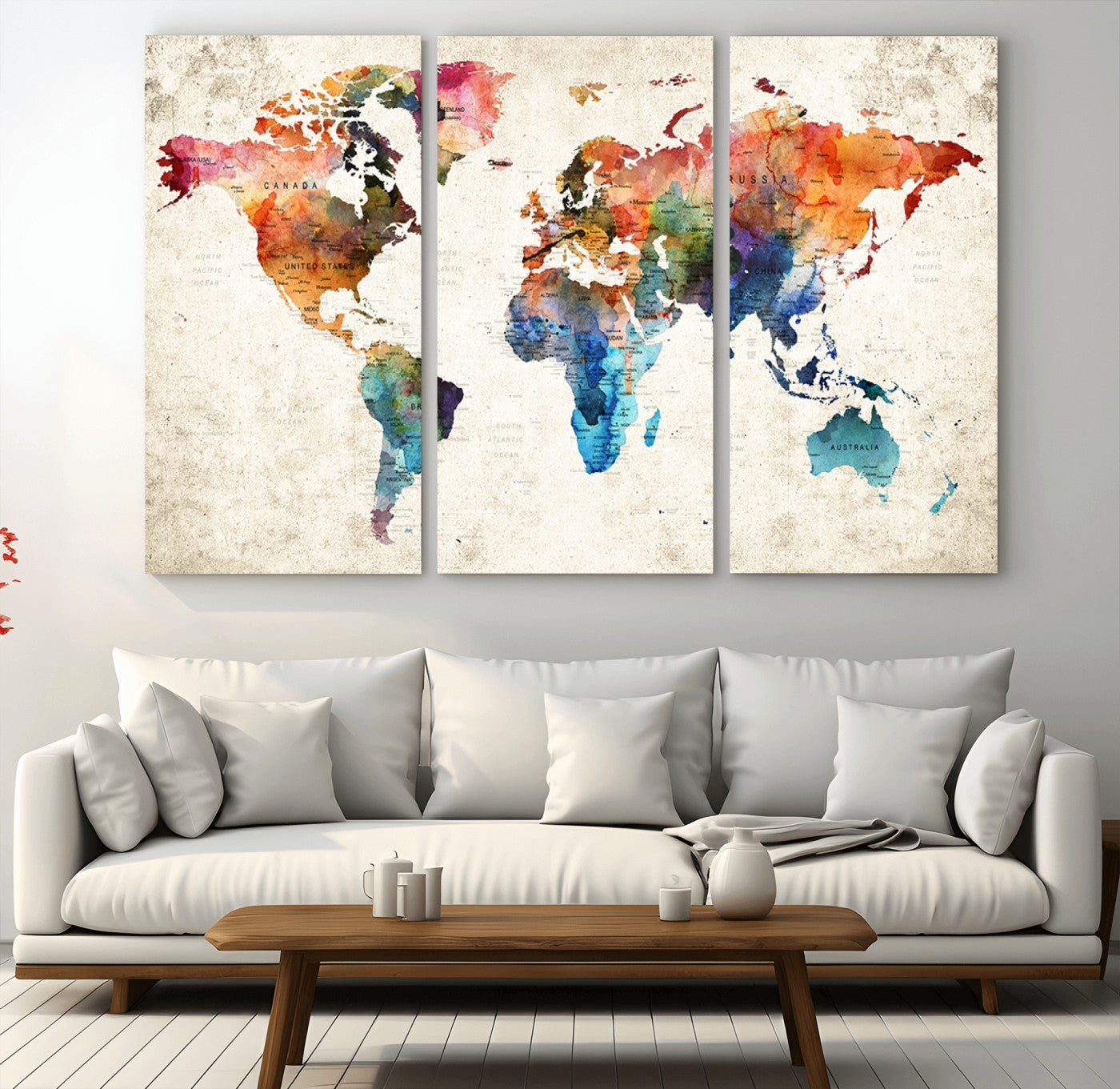 80150-MGV-CV-36X24-Personalized World Map Canvas Print – Colorful Watercolor Push Pin Travel Map, Framed Wall Art for Home or Office Decor