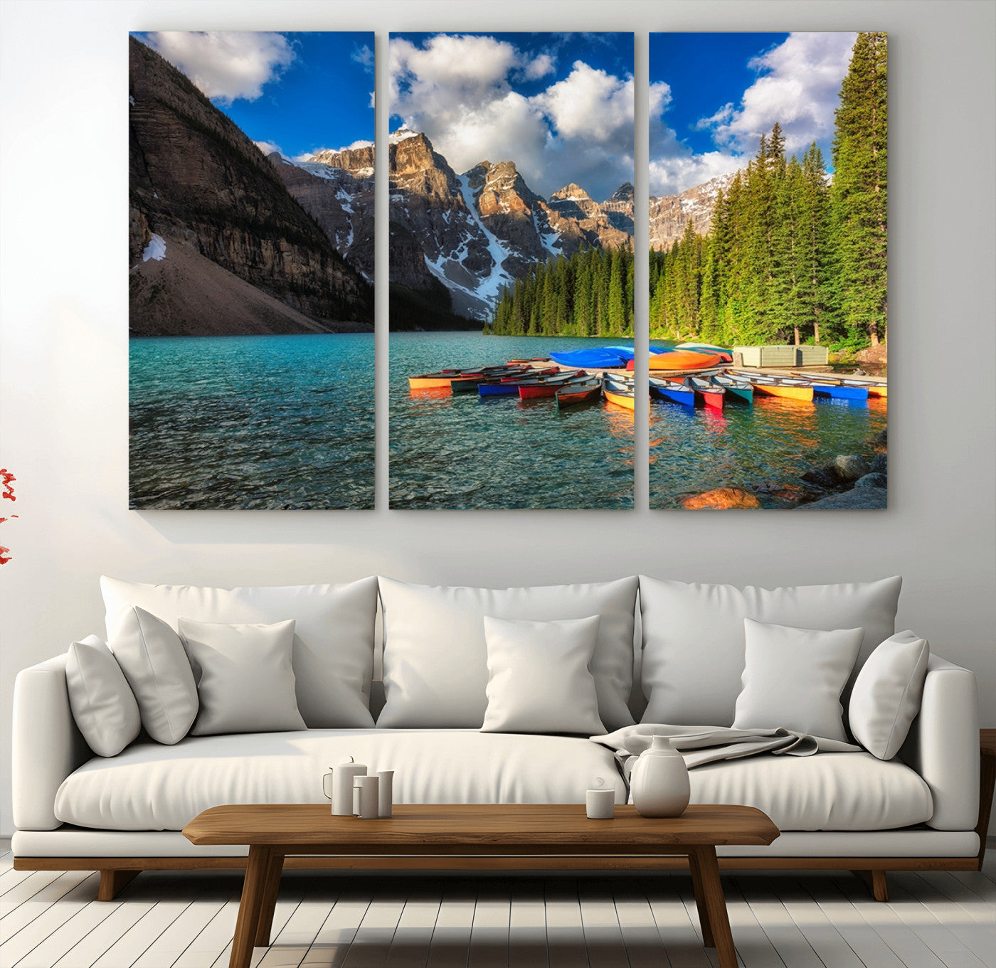 MGV-CV-48X32-3P - Moraine Lake 3-Panel Wall Art, Majestic Mountain and Lake Landscape Canvas Print Canoes on Moraine