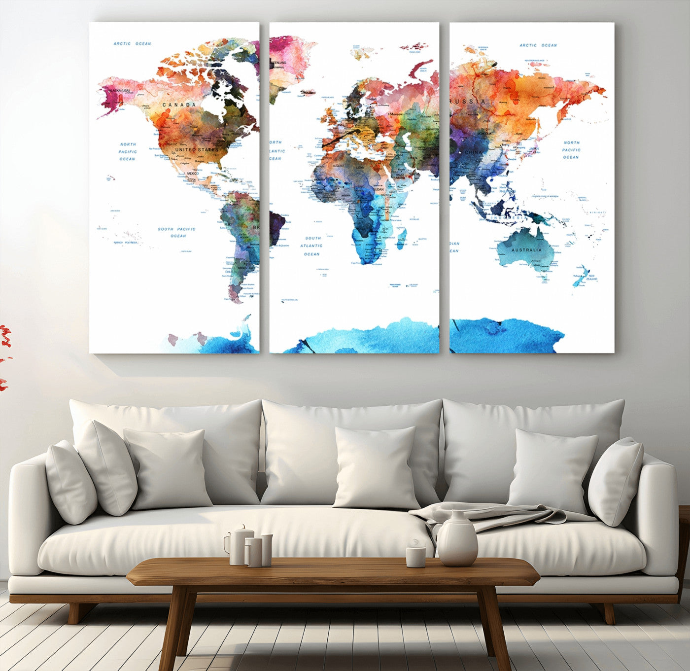 11576-MGV-CV-36X24-Vibrant Watercolor World Map Canvas Wall Art – Framed Push Pin Travel Map for Home and Office Decor, Modern Colorful Wall Artwork