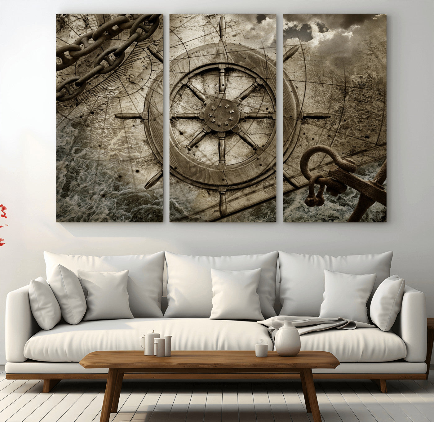 98180-MGV-CV-60X40-3P-Wooden Ship Wheel Canvas Print, Multi Panel Canvas Wall Art Print