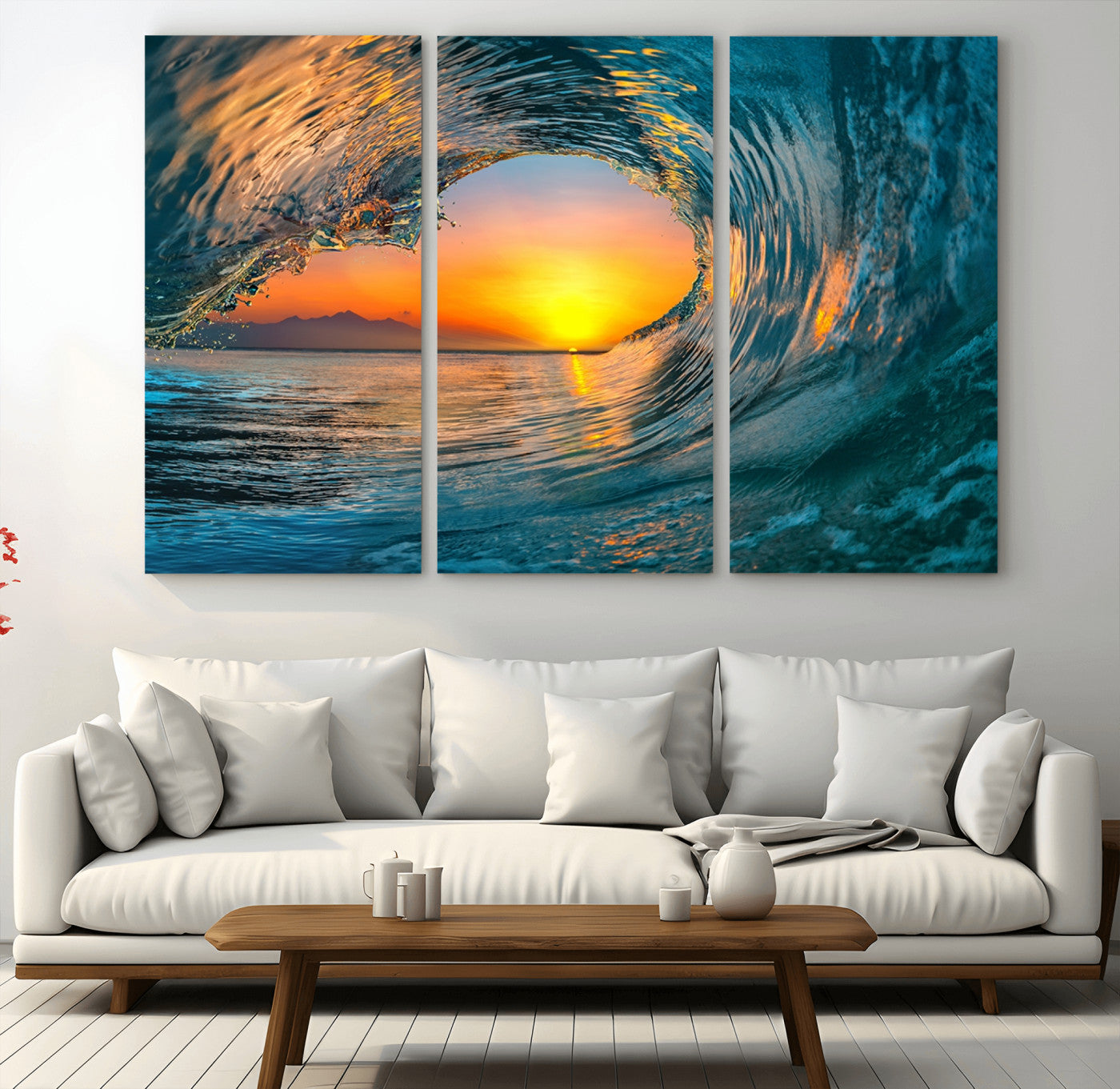 84279-MGV-CV-36X24-Ocean Wave Sunset Wall Art | Large Coastal Wave Canvas Print | 3-Panel Ocean Sunset Seascape for