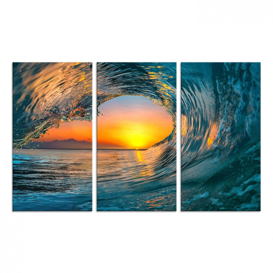 The Ocean Wave Sunset Wall Art canvas print features a vibrant ocean wave at sunset, forming a tunnel with silhouetted mountains.